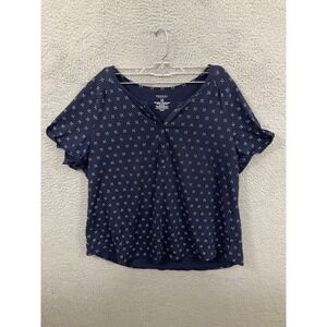 Sonoma Shirt Womens 1X Blue Geometric Short Sleeve V Neck Top Stretch Cotton